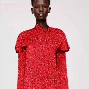 🤩ZARA SPAIN TIED HEARTS PRINT BLOUSE RED - M✨2023 SPRING / SUMMER COLLECTION🌻